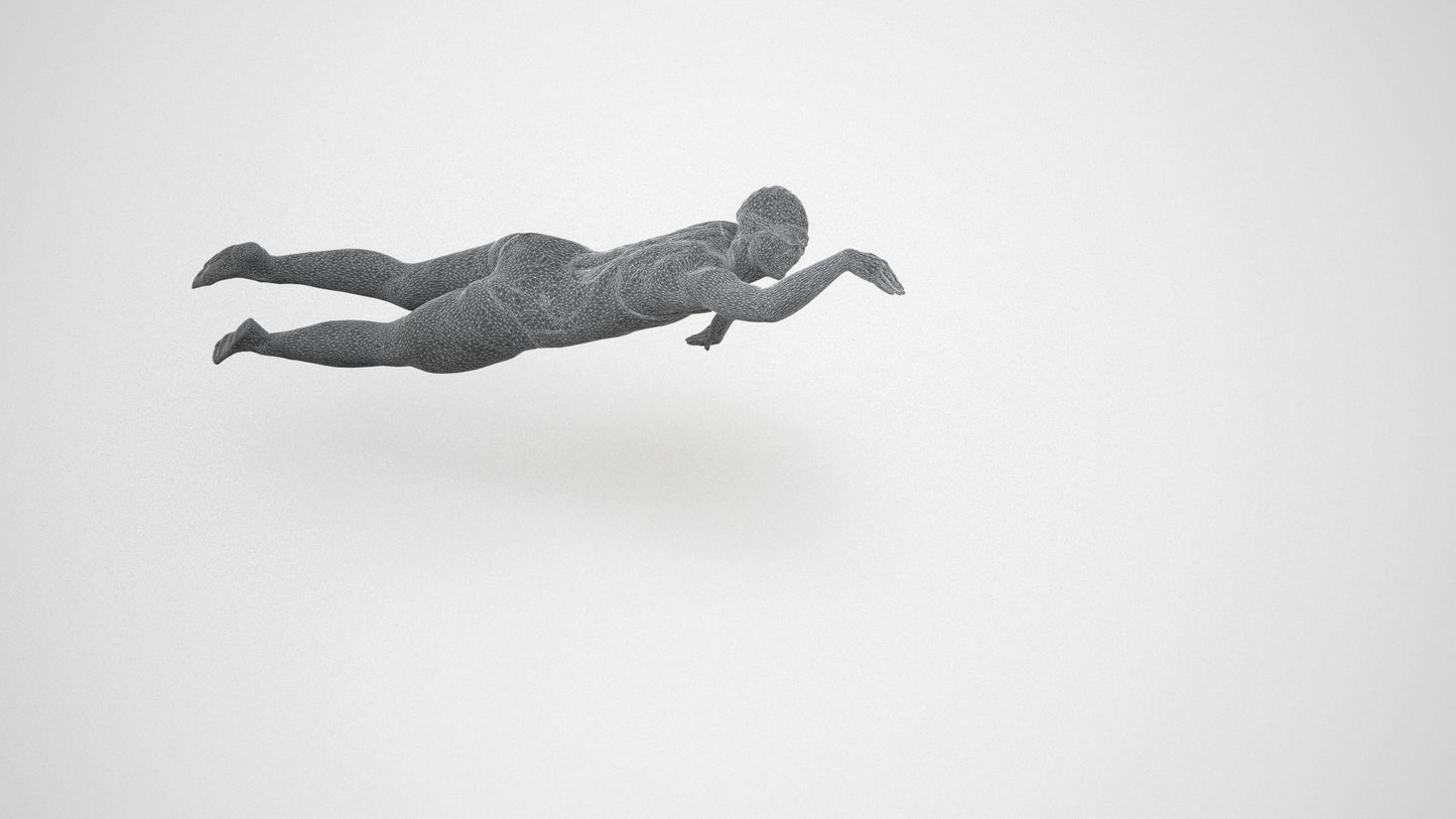 3D human model woman sport pool, photogrammetry scanned person for archviz, wireframe three-quarter view