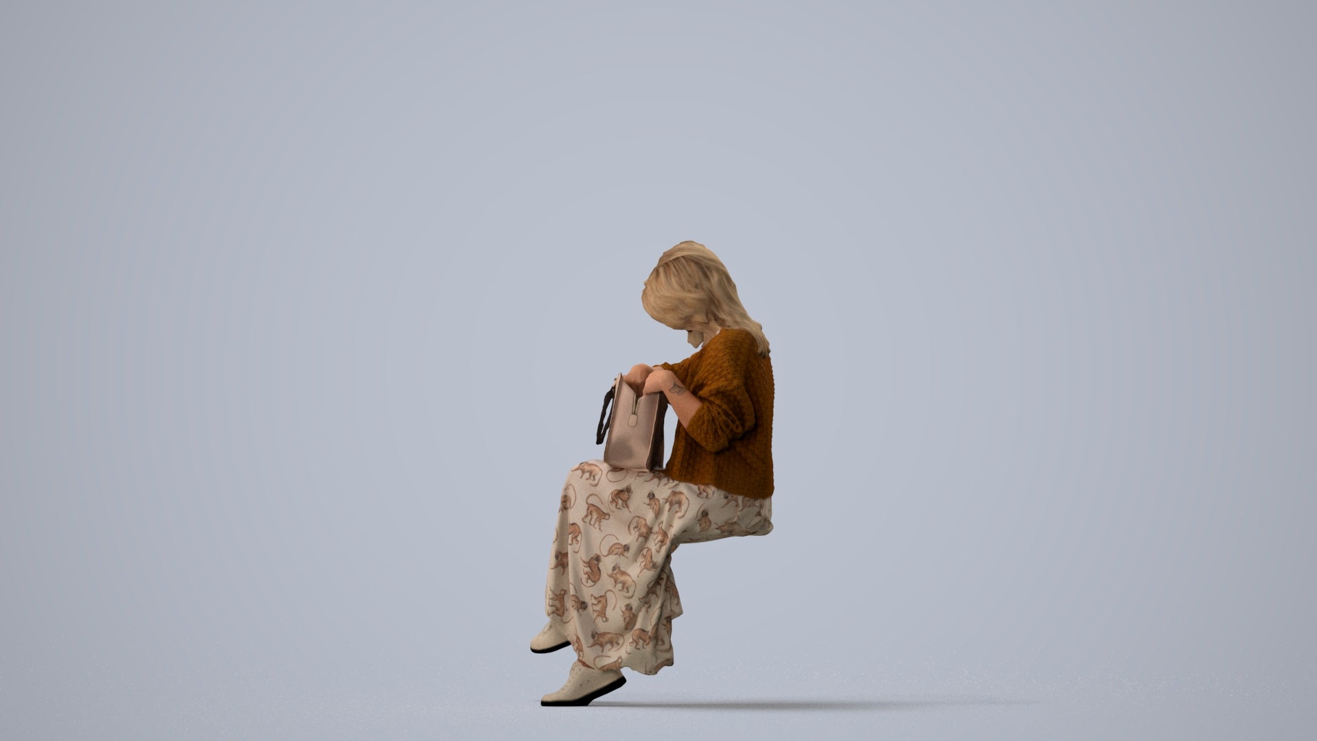 realistic 3D woman casual sitting, scanned archviz people for Blender and 3ds Max, three-quarter view render