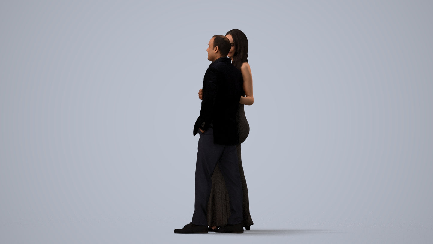 3D human model woman formal couple, photogrammetry scanned person for archviz, three-quarter view render