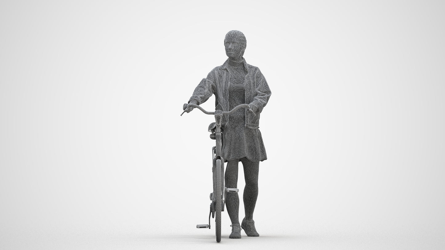 scanned 3D woman casual cycling, photogrammetry people for Enscape and V-Ray, three-quarter front view render