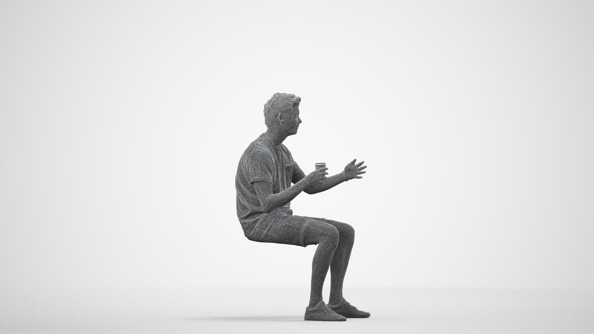 realistic 3D man casual sitting, scanned archviz people for Blender and 3ds Max, wireframe side view