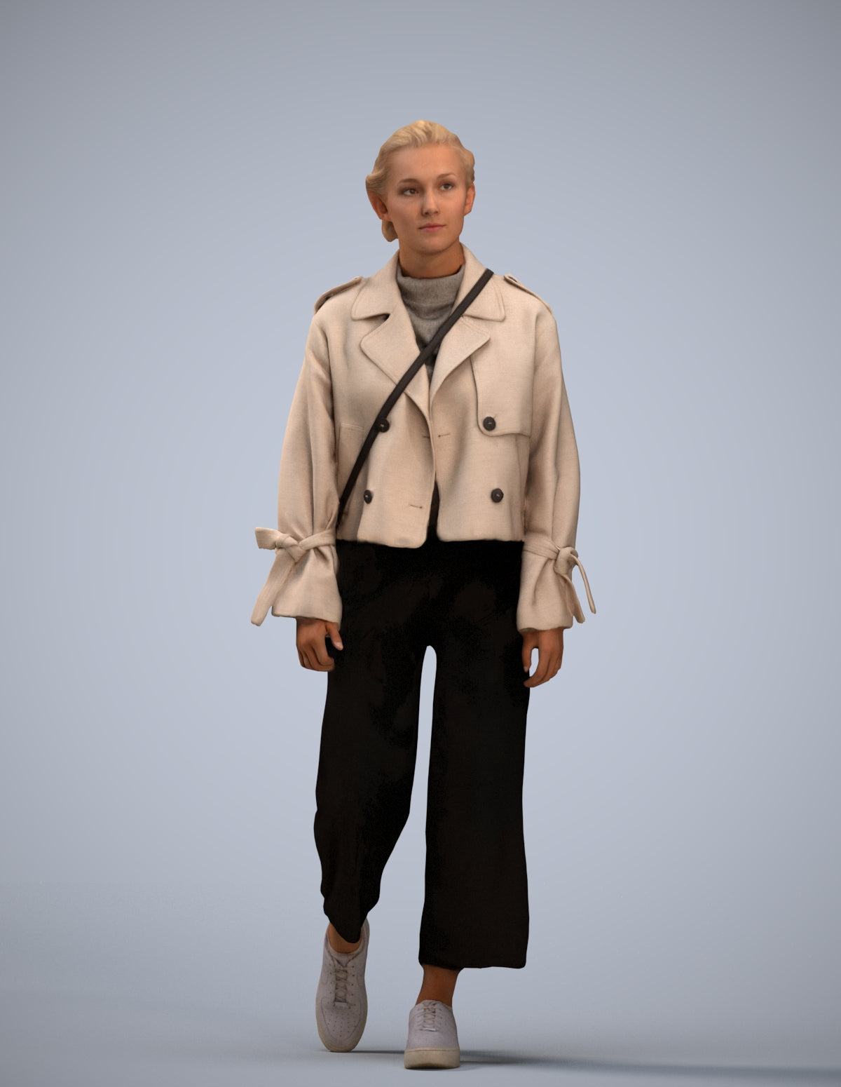 3D human model woman casual walking, photogrammetry scanned person for archviz