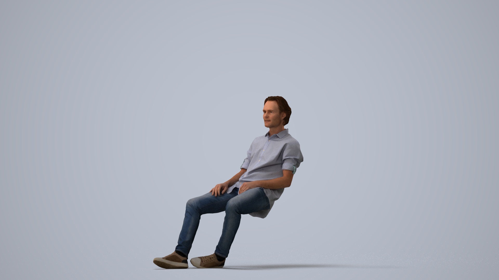 realistic 3D human man casual sitting, archviz people FBX OBJ for Blender, three-quarter view render