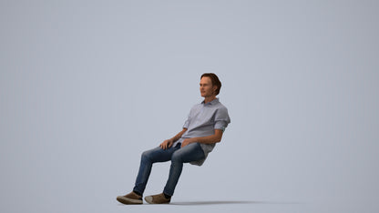realistic 3D human man casual sitting, archviz people FBX OBJ for Blender, three-quarter view render