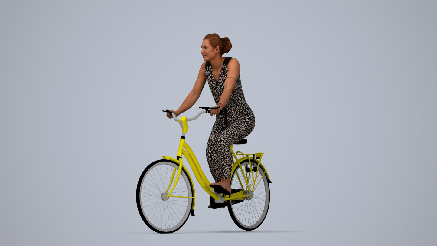 realistic 3D human woman casual cycling, archviz people FBX OBJ for Blender, top-down view render