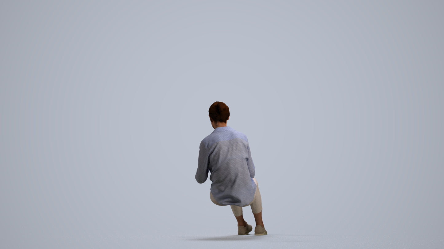 3D scanned senior woman sitting casual, photorealistic archviz people for Enscape and SketchUp, front view render