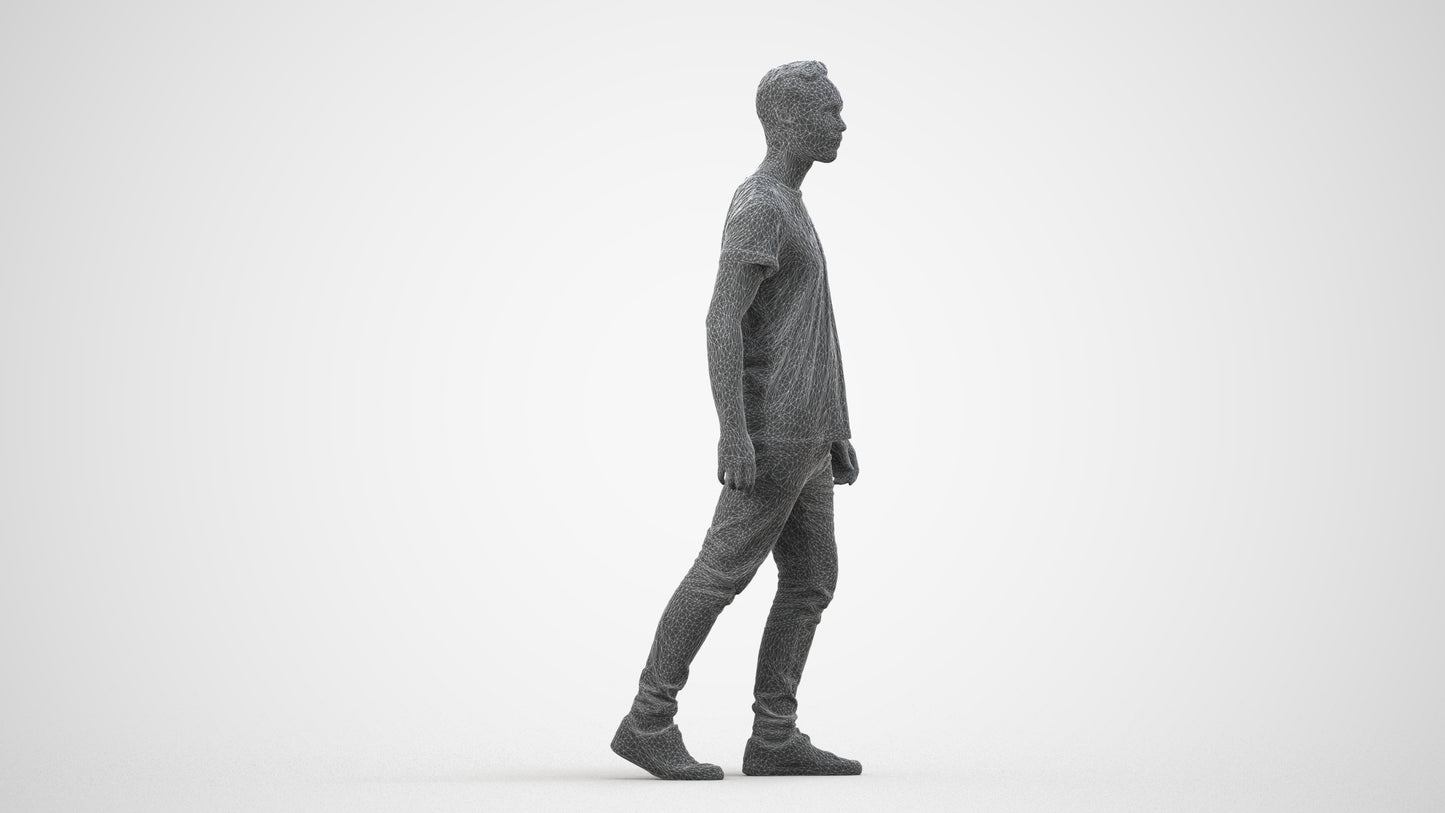 realistic 3D human man casual walking, archviz people FBX OBJ for Blender, wireframe side view