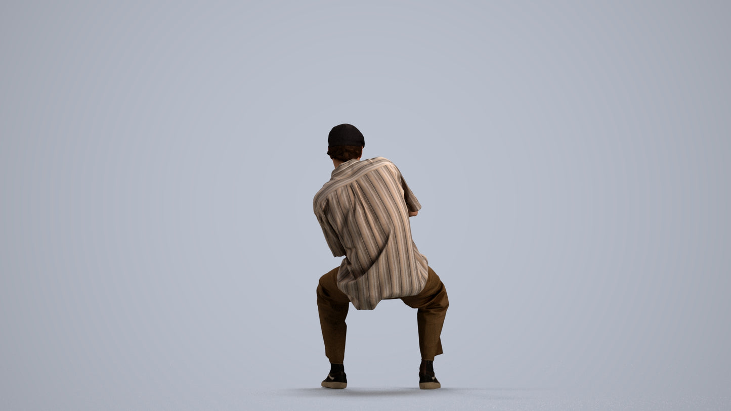 3D human model man casual sitting, photogrammetry scanned person for archviz, front view render