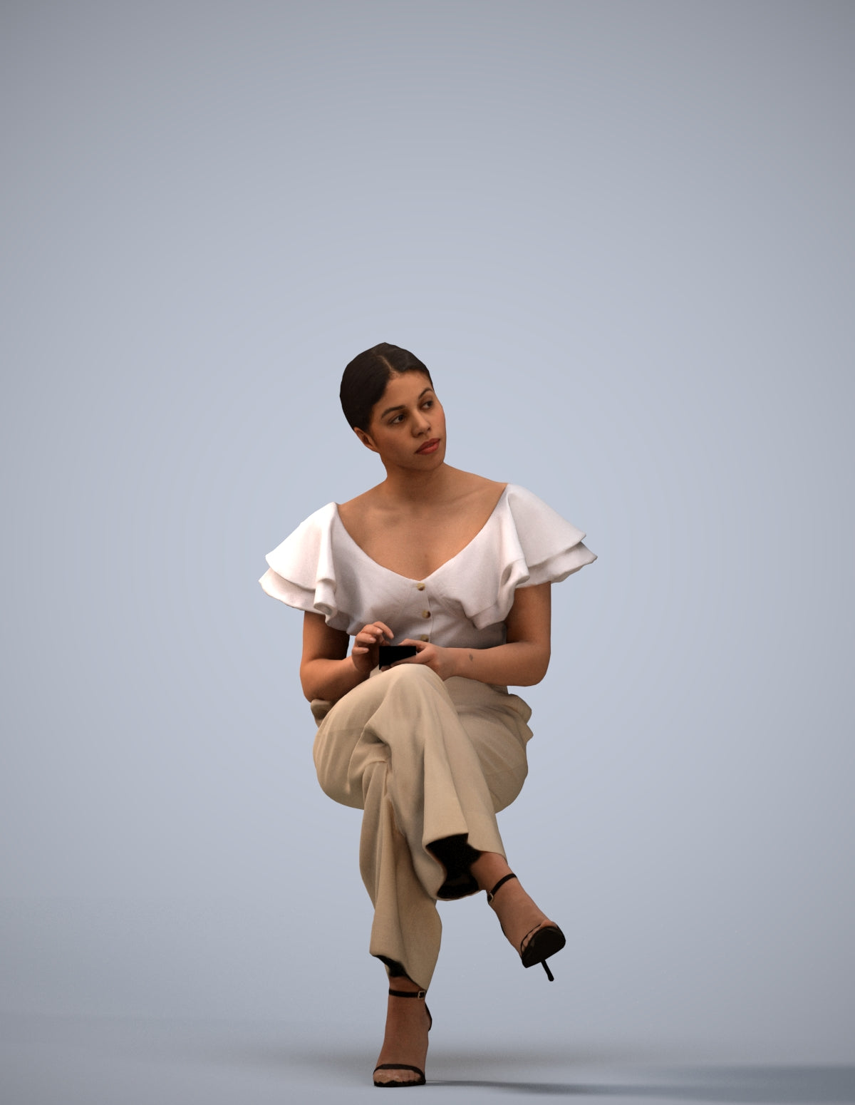 realistic 3D woman business sitting, scanned archviz people for Blender and 3ds Max