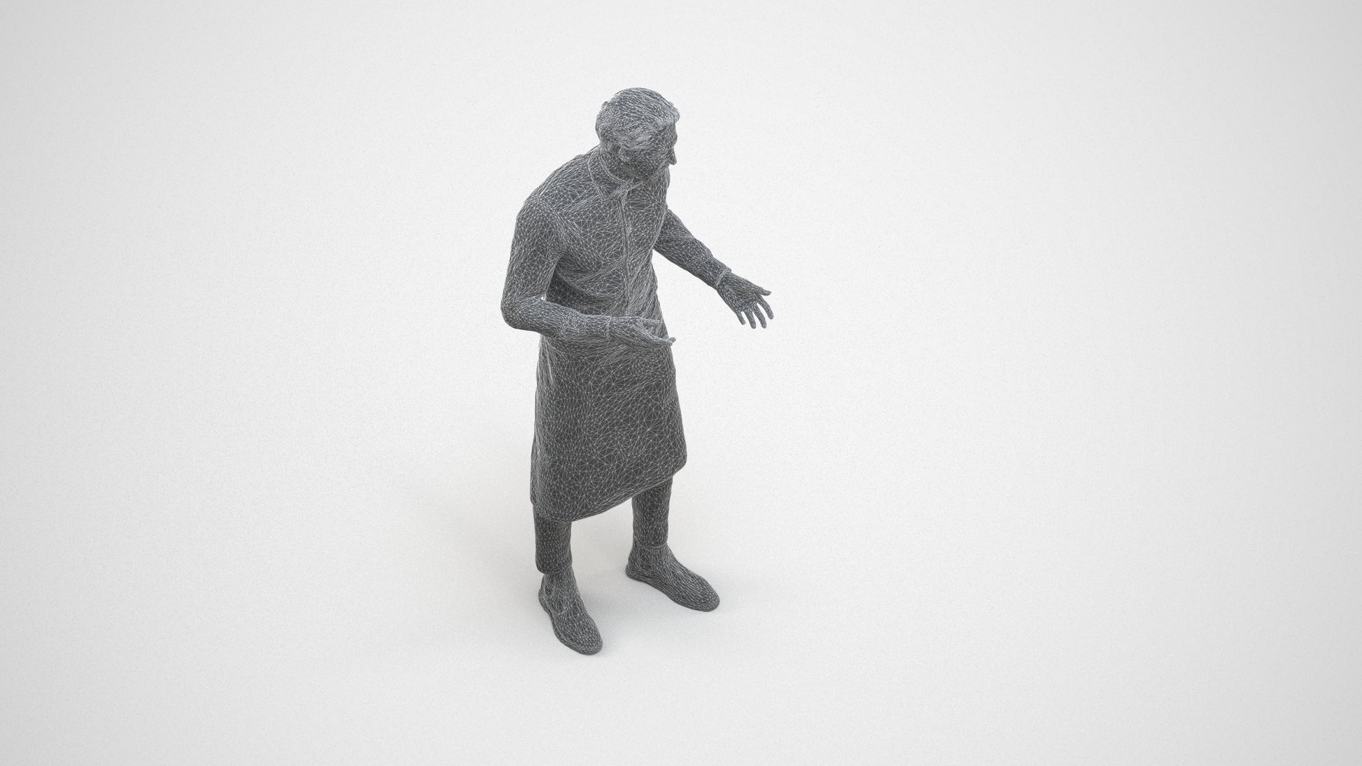 photogrammetry 3D man hospitality, realistic human model archviz FBX, wireframe three-quarter view