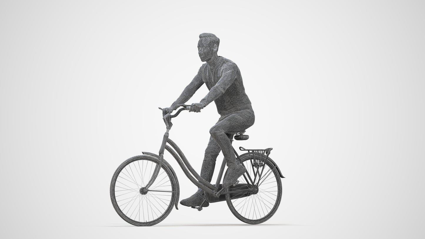 realistic 3D man casual cycling, scanned archviz people for Blender and 3ds Max, wireframe back view