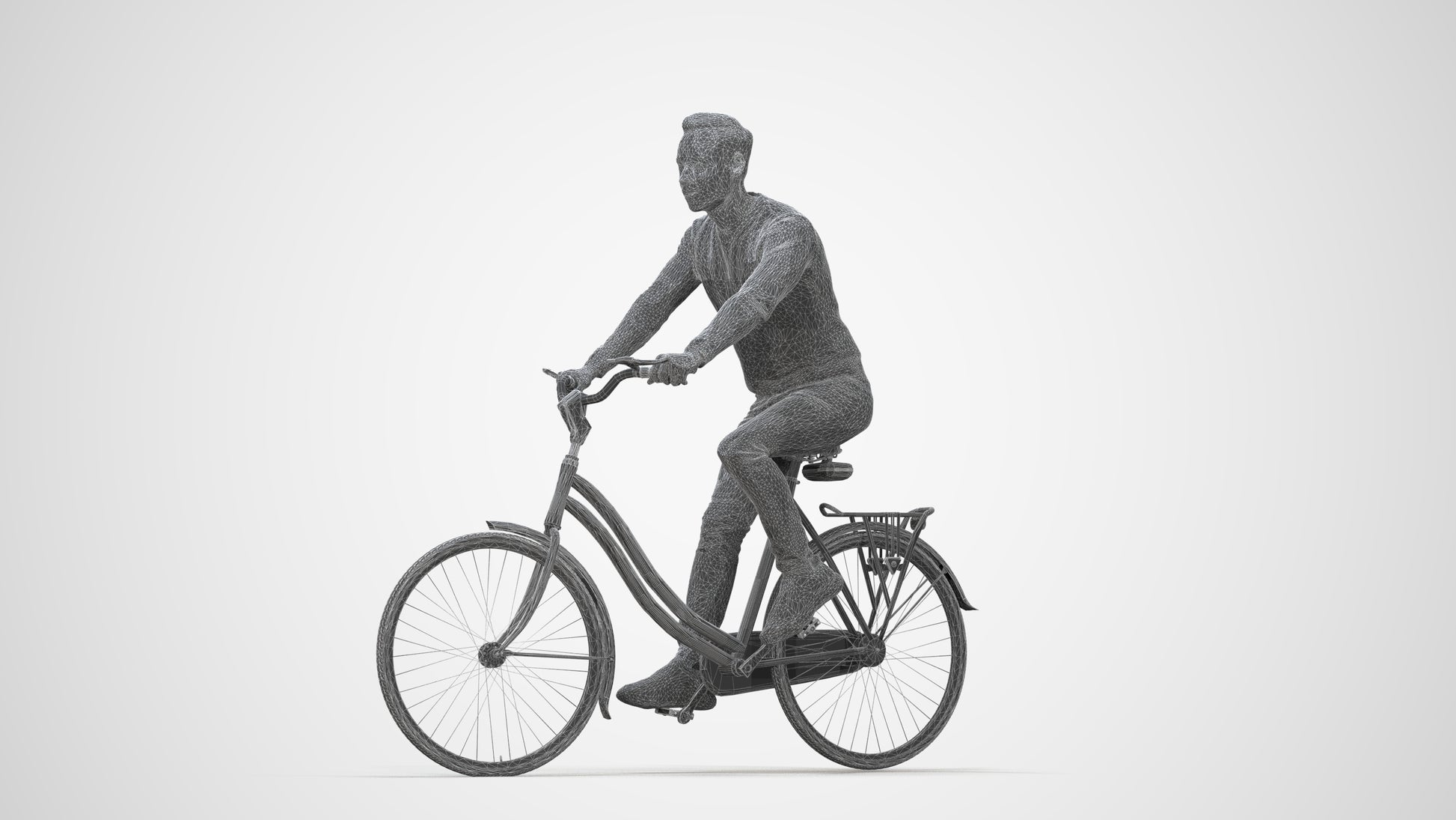 realistic 3D man casual cycling, scanned archviz people for Blender and 3ds Max, wireframe back view