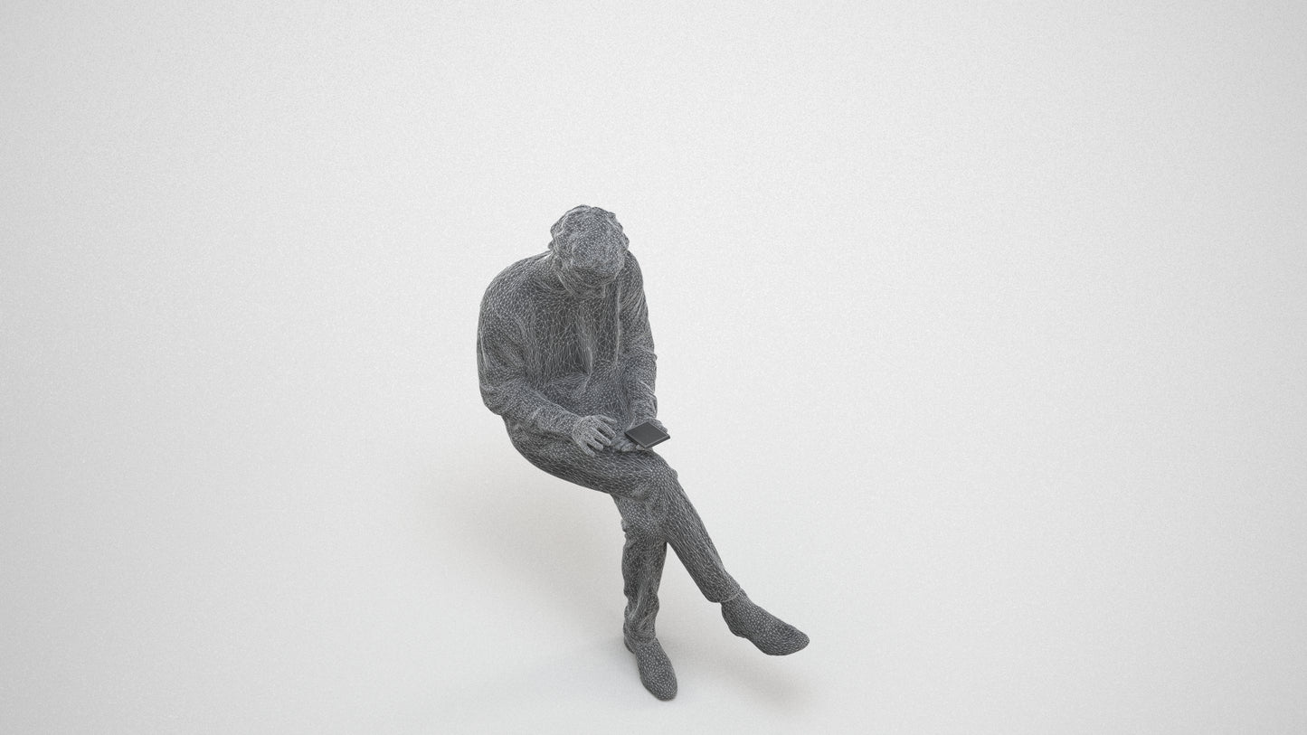 realistic 3D people man casual sitting, render-ready for V-Ray and Corona, FBX OBJ, wireframe three-quarter view