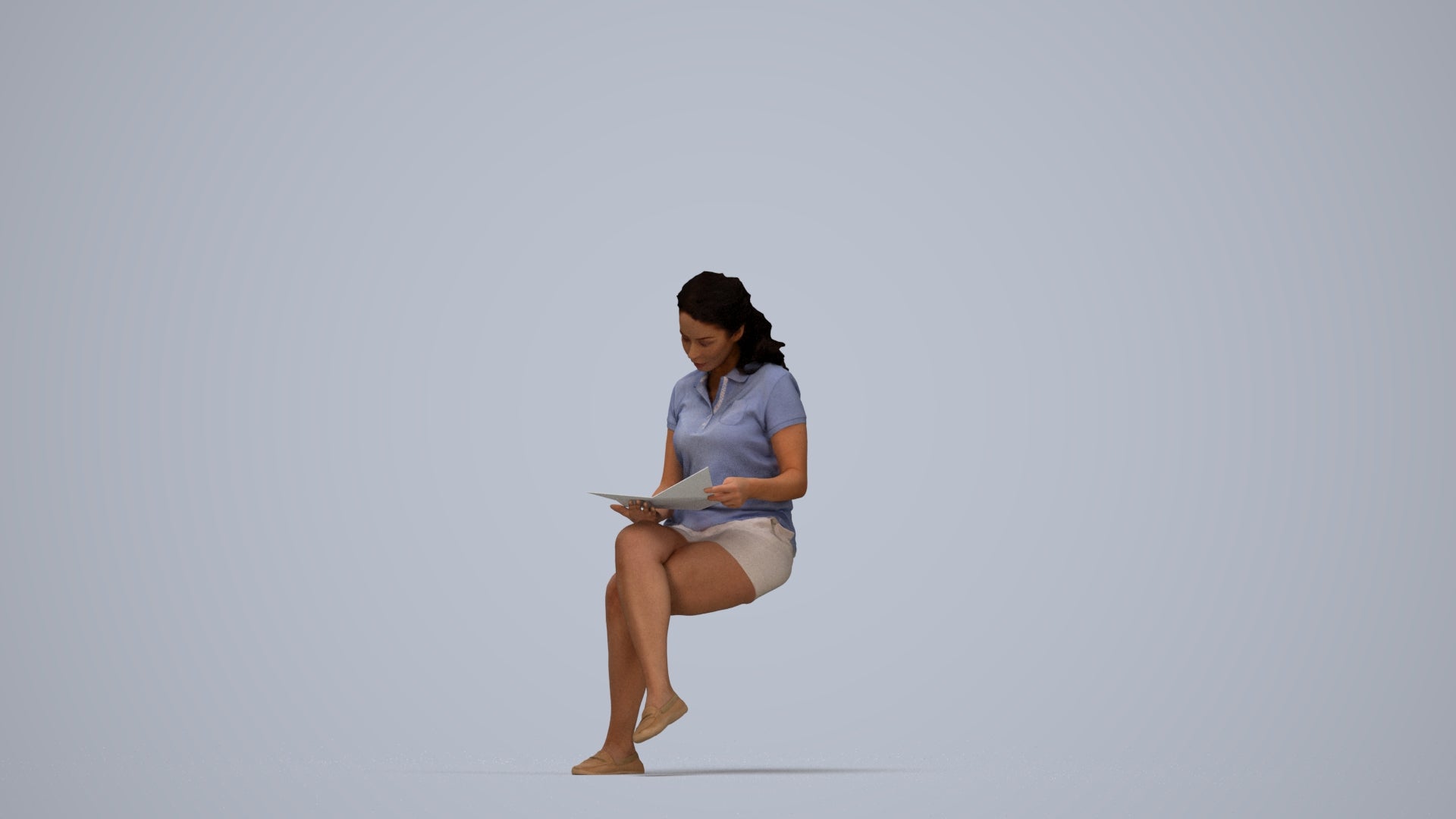 3D human model woman casual sitting, photogrammetry scanned person for archviz, top-down view render