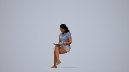 3D human model woman casual sitting, photogrammetry scanned person for archviz, top-down view render
