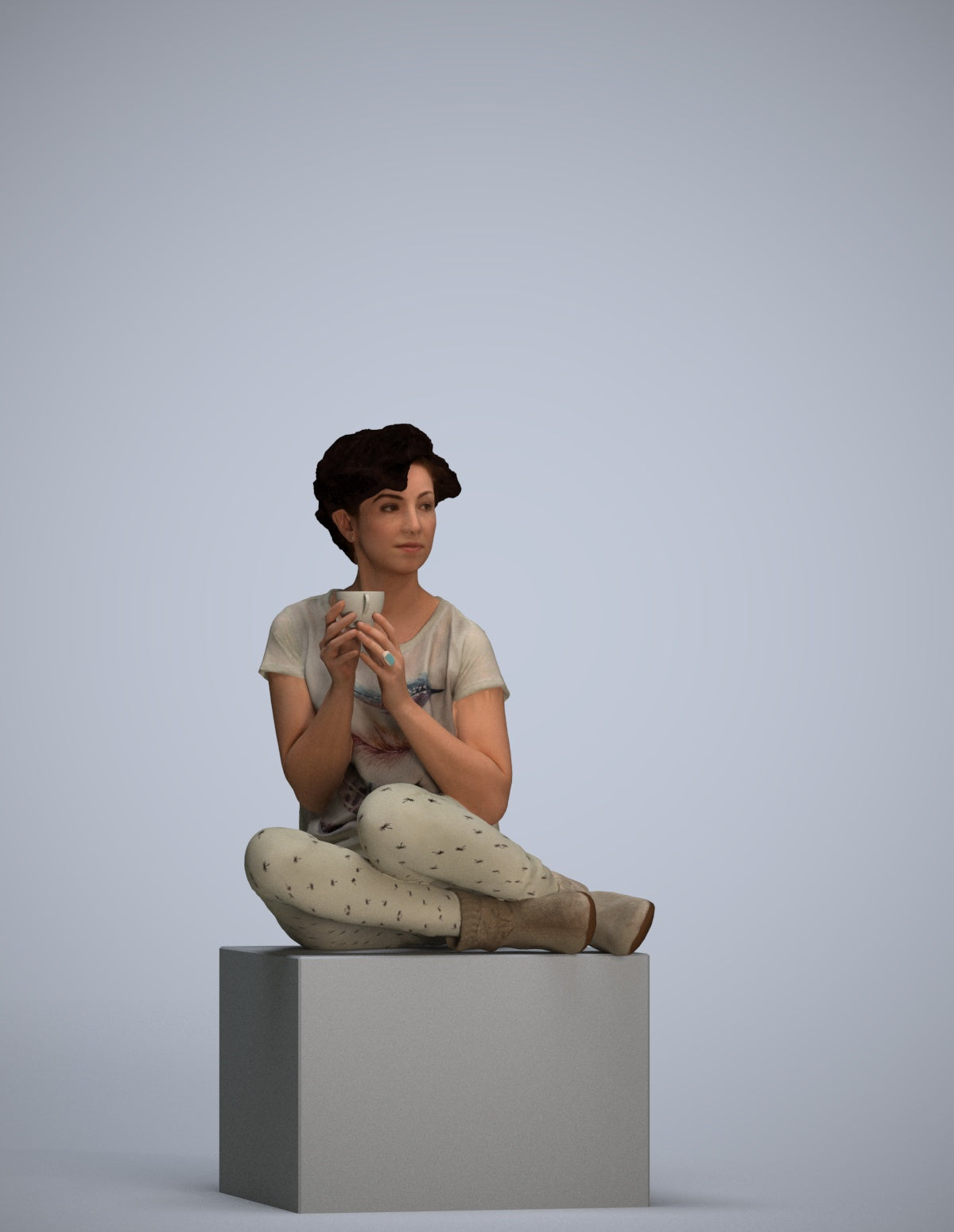 3D human model woman casual sitting, photogrammetry scanned person for archviz