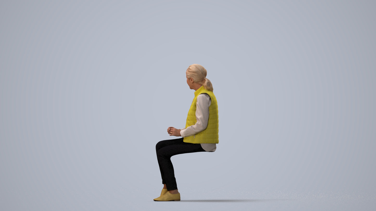 scanned 3D senior woman casual sitting, photogrammetry people for Enscape and V-Ray, three-quarter view render