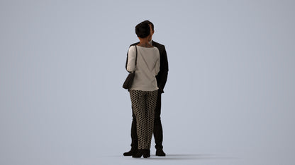 3D human model woman casual business, photogrammetry scanned person for archviz, three-quarter view render