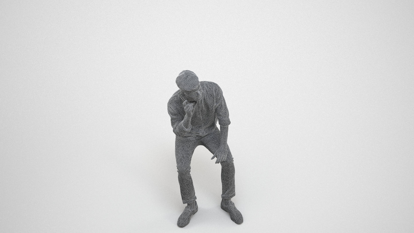 3D scanned man sitting casual, photorealistic archviz people for Enscape and SketchUp, wireframe three-quarter view