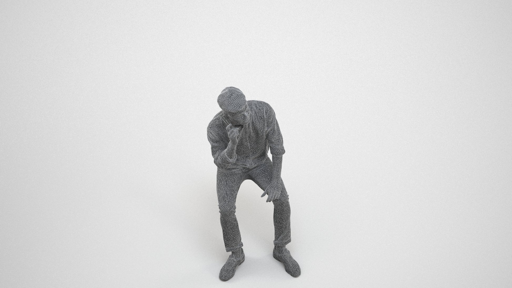 3D scanned man sitting casual, photorealistic archviz people for Enscape and SketchUp, wireframe three-quarter view