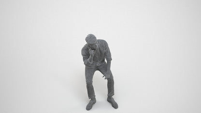 3D scanned man sitting casual, photorealistic archviz people for Enscape and SketchUp, wireframe three-quarter view