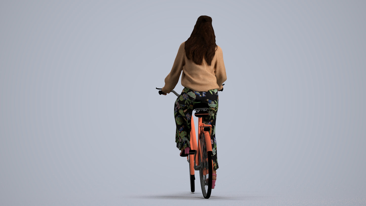3D human model woman casual cycling, photogrammetry scanned person for archviz, front view render