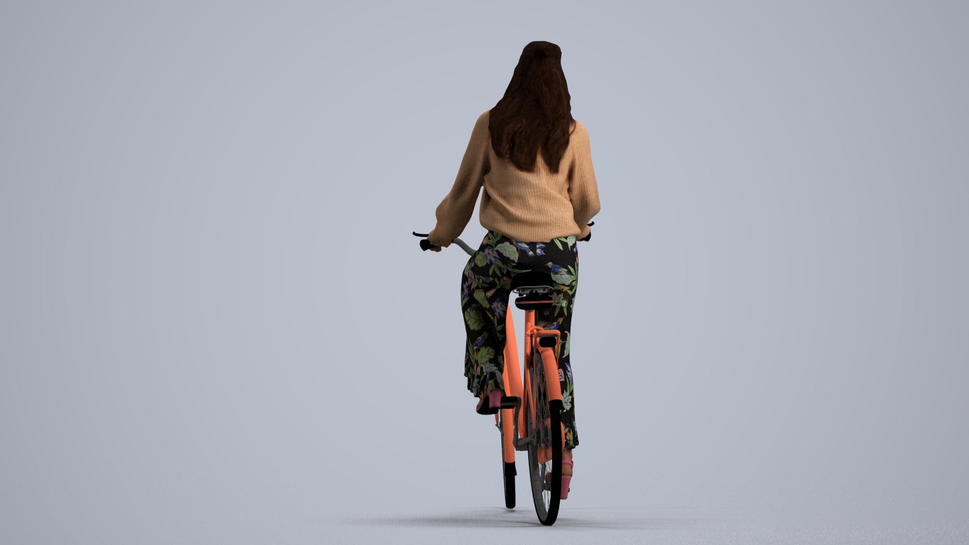 3D human model woman casual cycling, photogrammetry scanned person for archviz, front view render