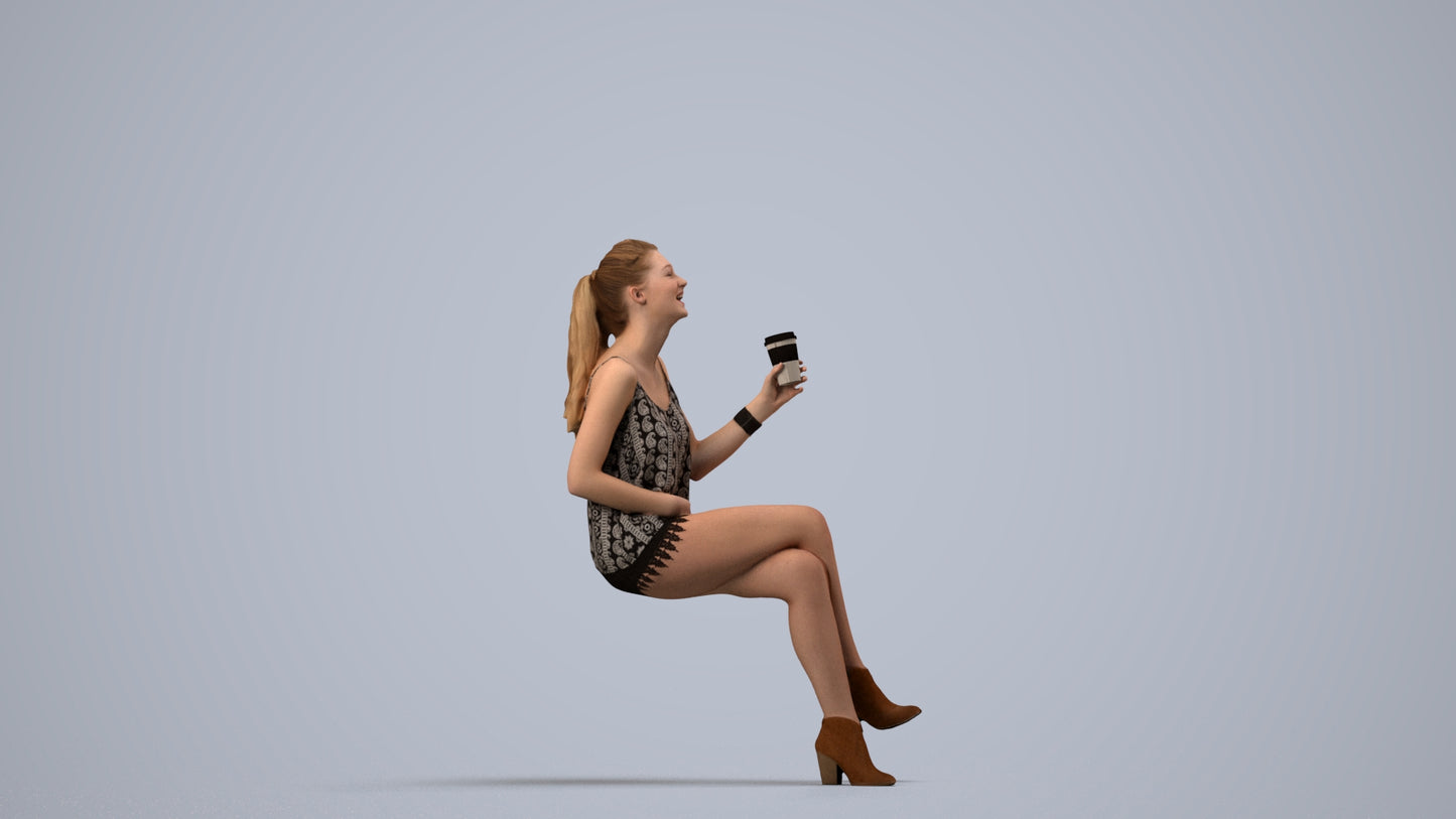 photogrammetry 3D girl casual sitting, realistic human model archviz FBX, side view render