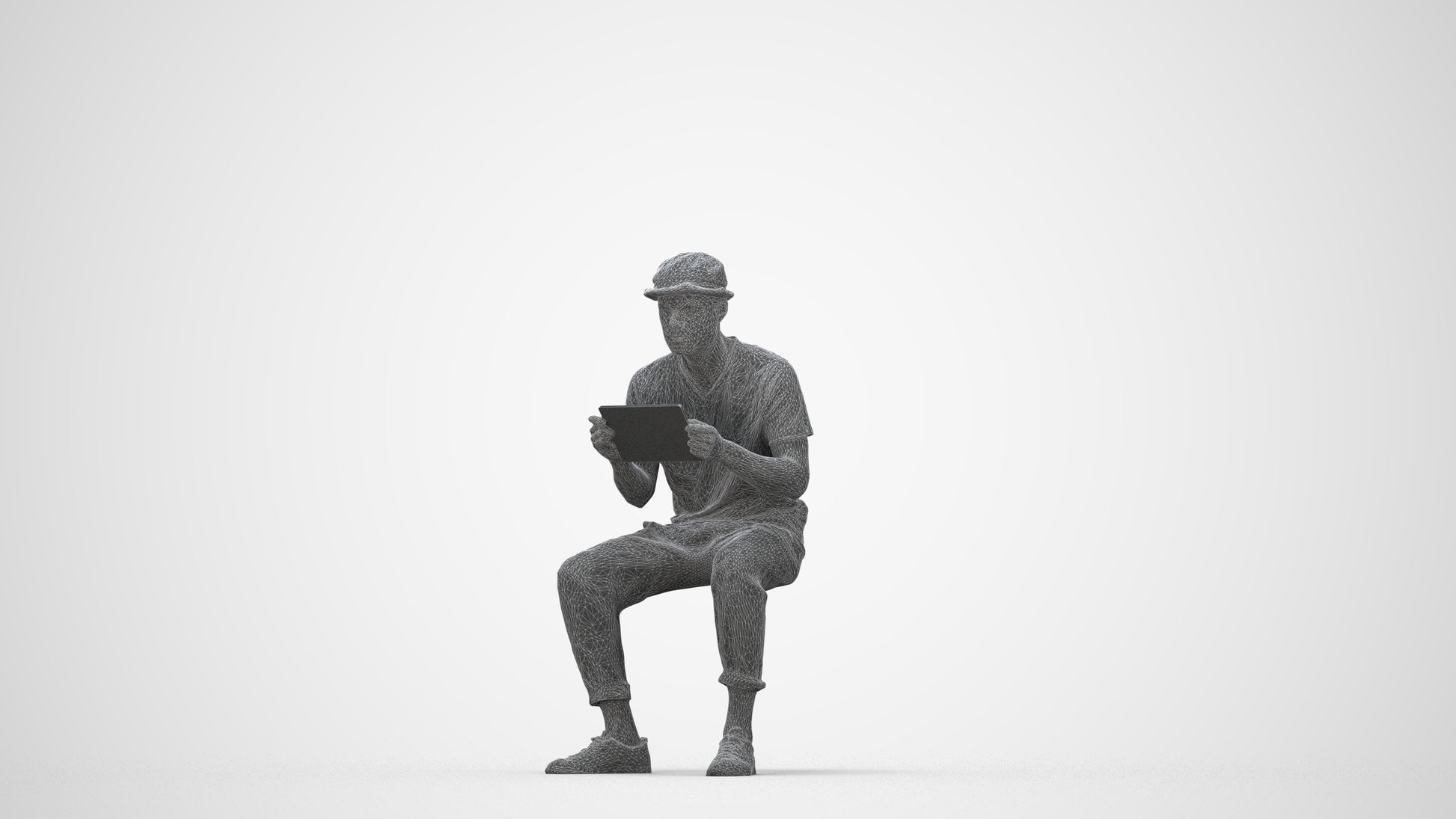 scanned 3D man casual sitting, photogrammetry people for Enscape and V-Ray, wireframe back view