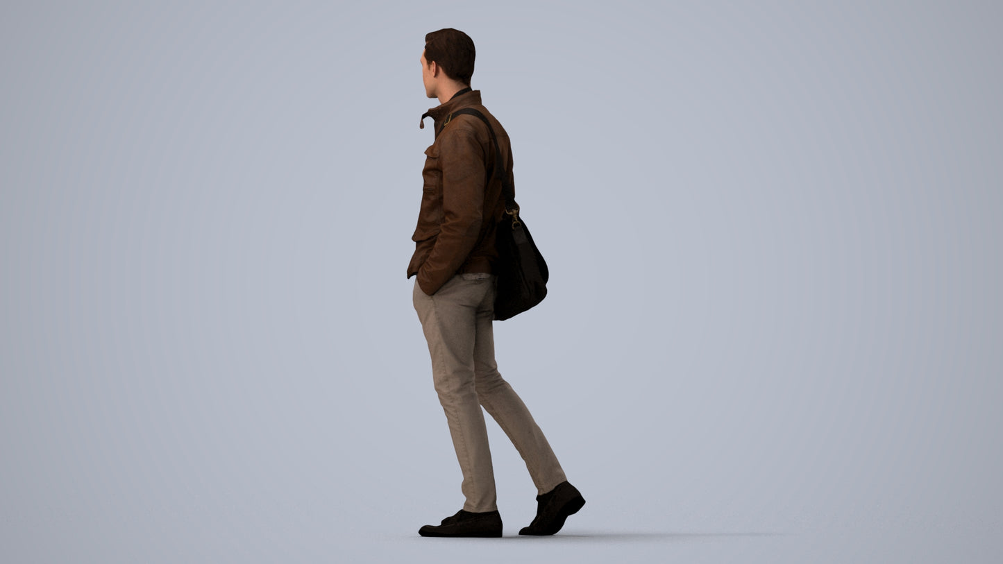 3D people model man casual walking, scanned human for 3ds Max rendering, three-quarter view render