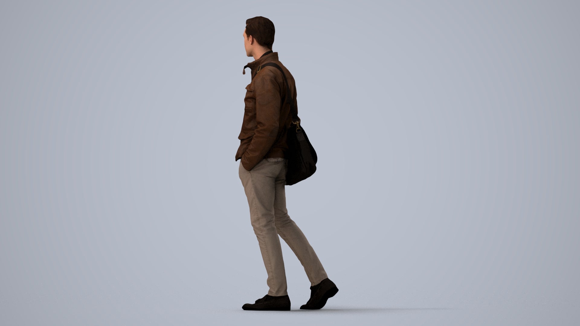 3D people model man casual walking, scanned human for 3ds Max rendering, three-quarter view render
