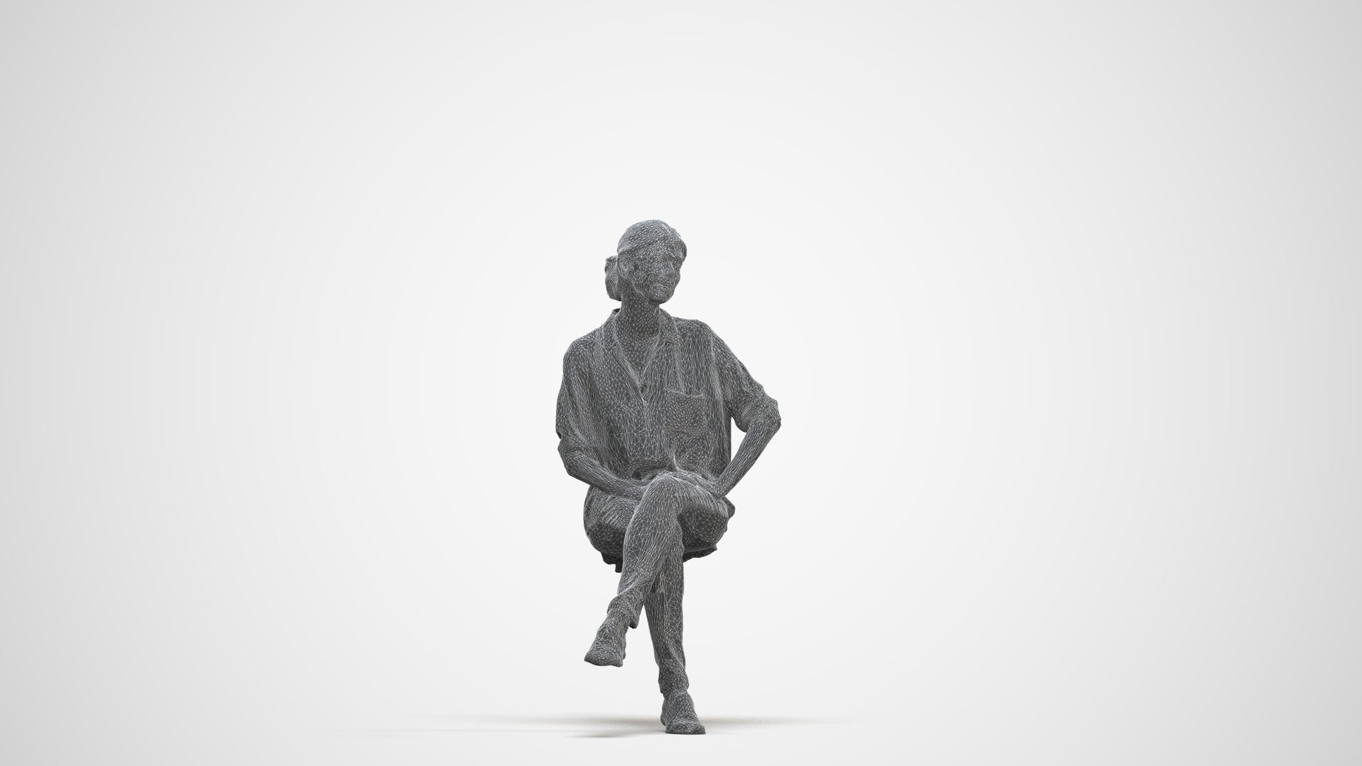 3D scanned woman sitting casual, photorealistic archviz people for Enscape and SketchUp, three-quarter front view render