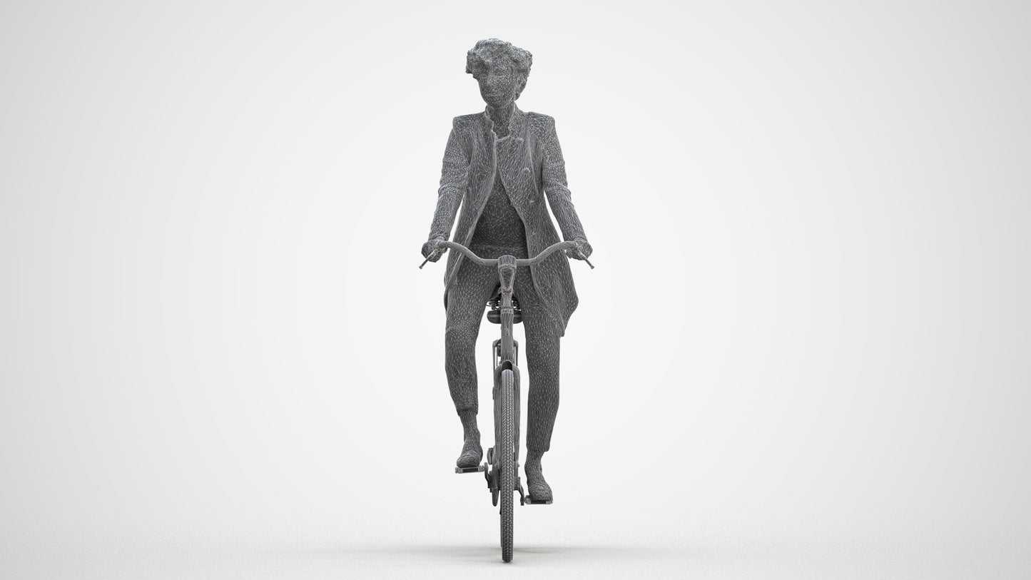 realistic 3D people woman business cycling, render-ready for V-Ray and Corona, FBX OBJ, three-quarter front view render