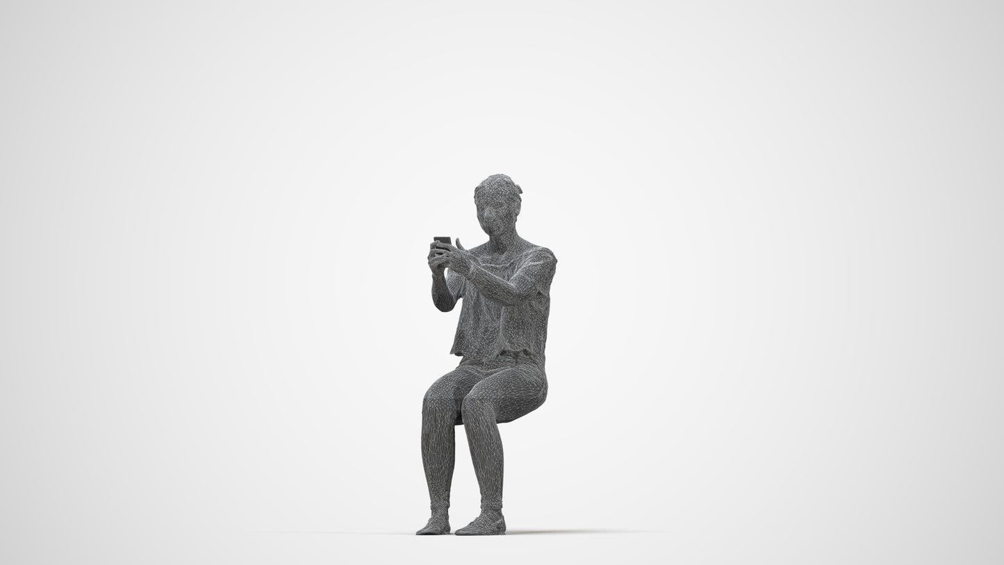 photogrammetry 3D woman casual sitting, realistic human model archviz FBX, wireframe back view