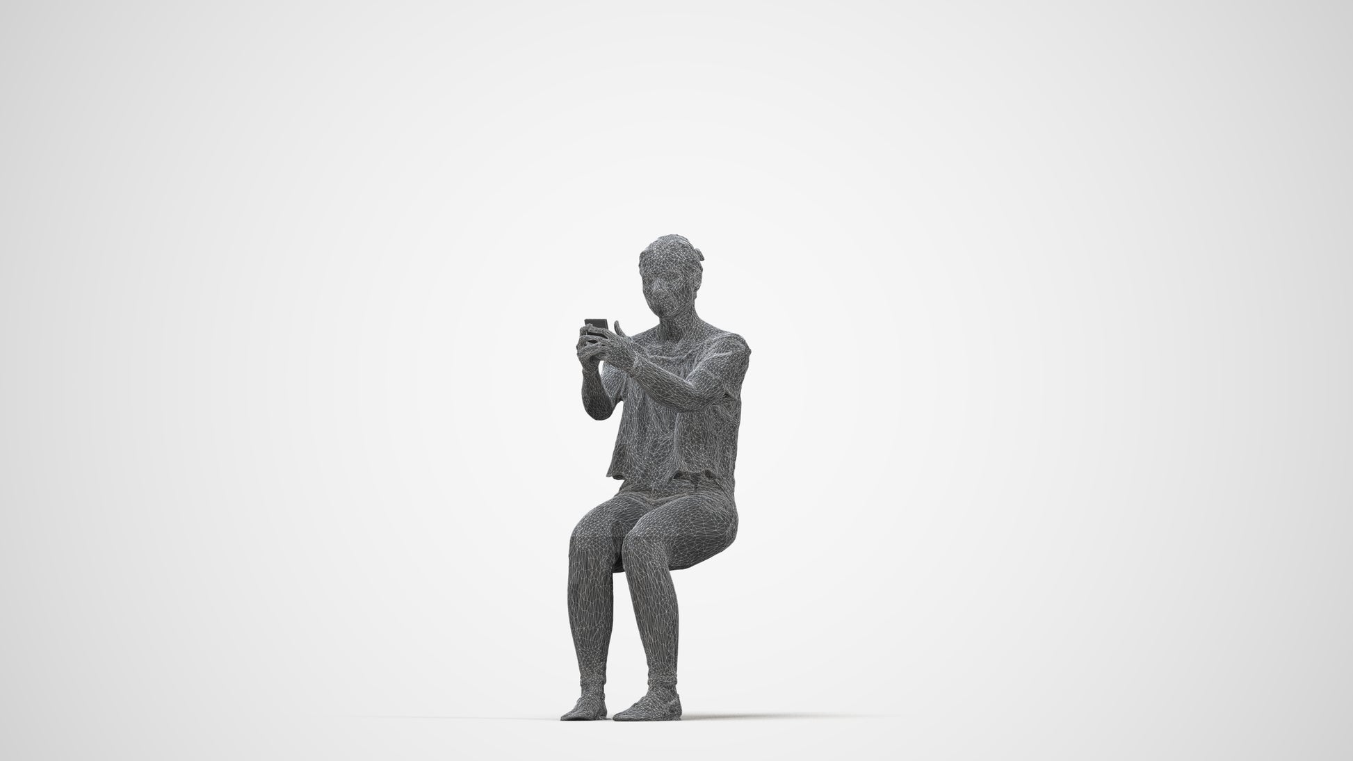 photogrammetry 3D woman casual sitting, realistic human model archviz FBX, wireframe back view