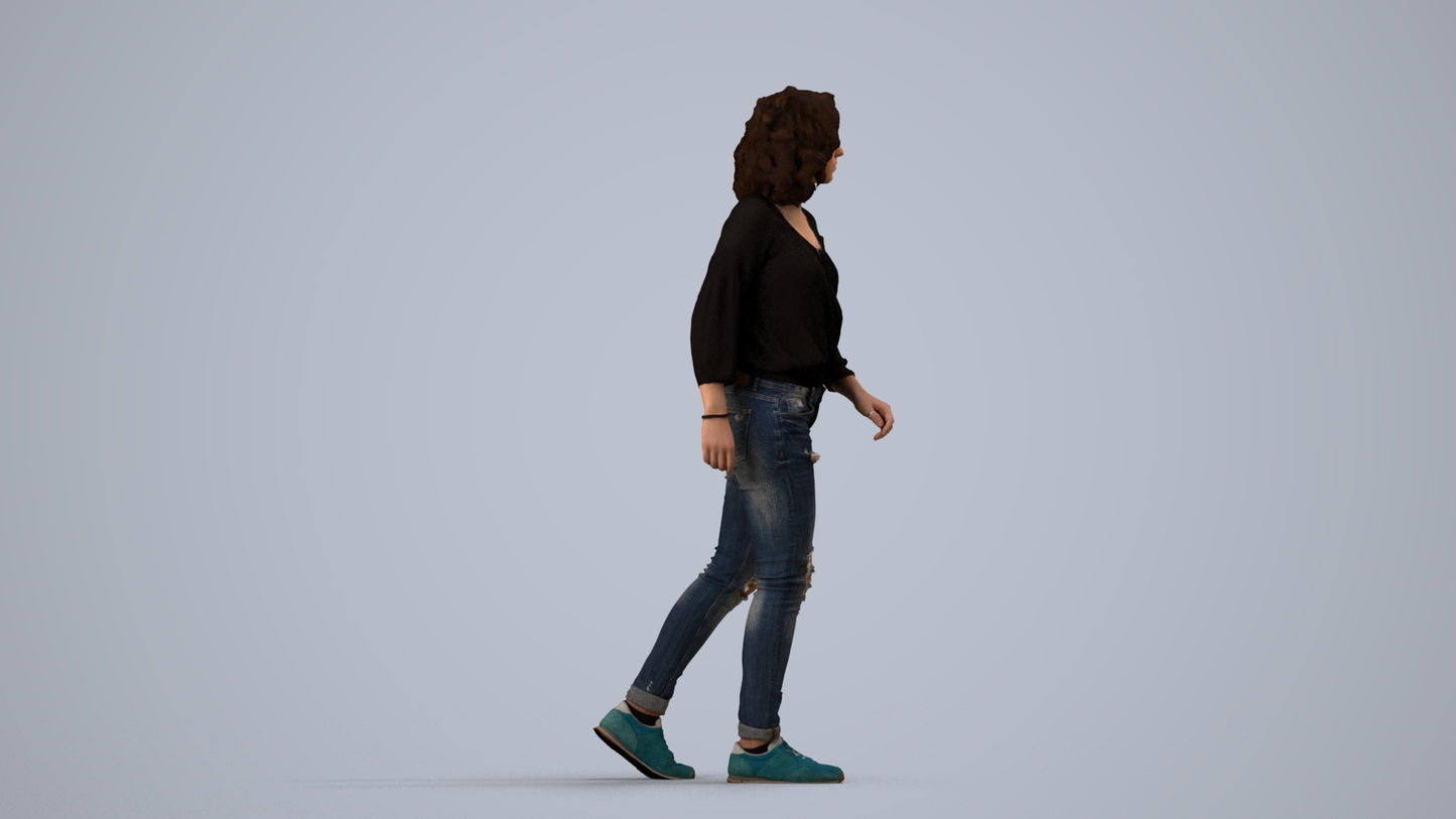 realistic 3D human woman casual walking, archviz people FBX OBJ for Blender, side view render