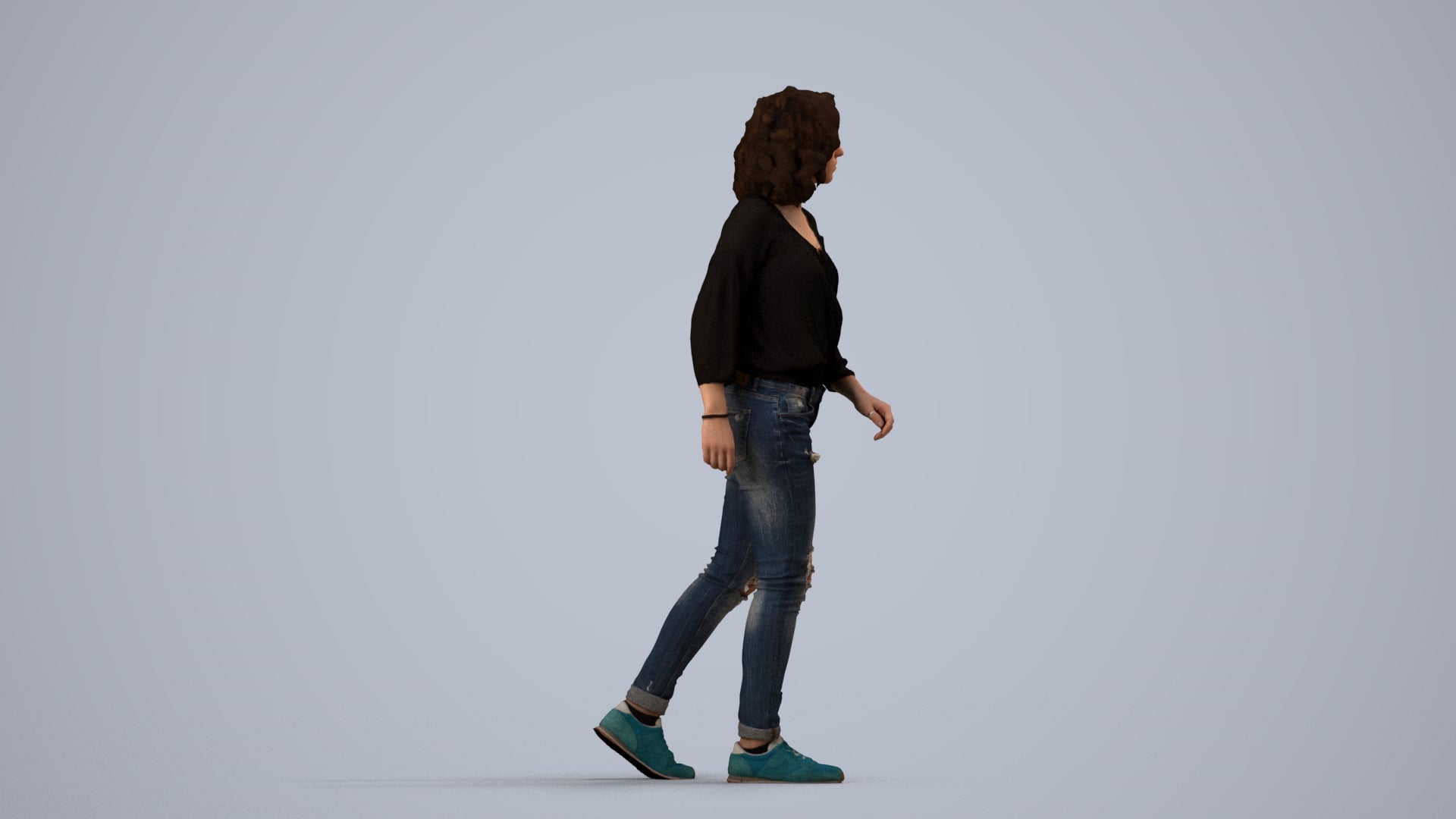 realistic 3D human woman casual walking, archviz people FBX OBJ for Blender, side view render