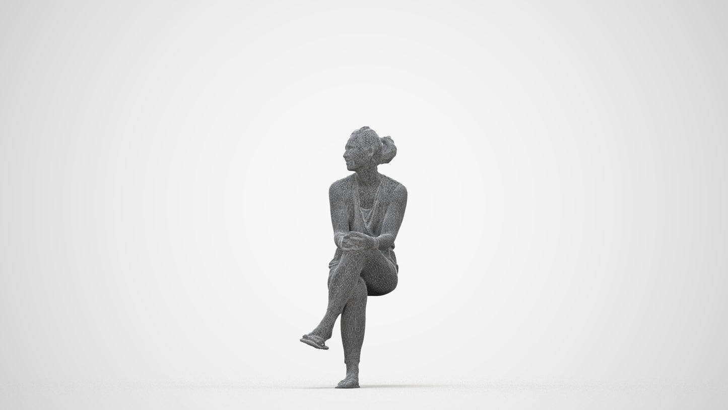 photogrammetry 3D woman casual sitting, realistic human model archviz FBX, wireframe back view