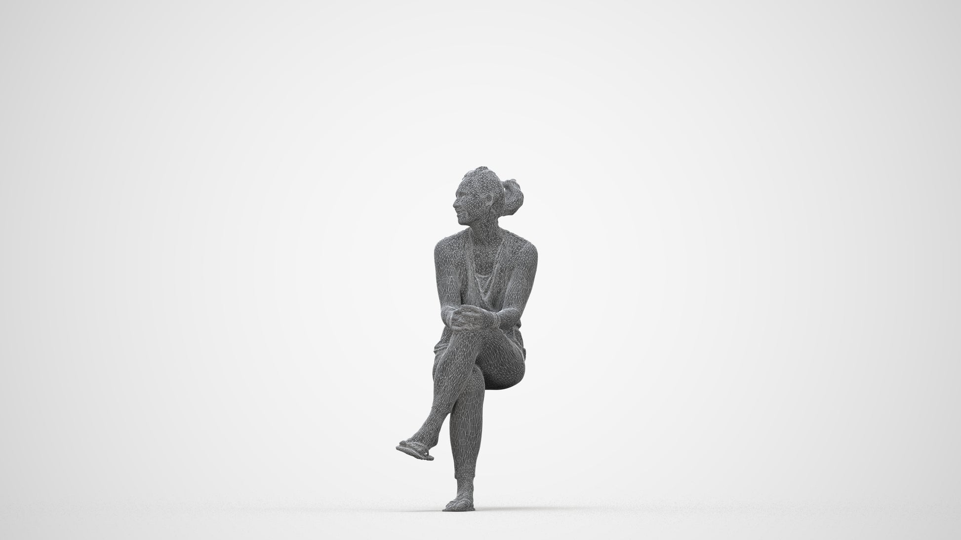 photogrammetry 3D woman casual sitting, realistic human model archviz FBX, wireframe back view