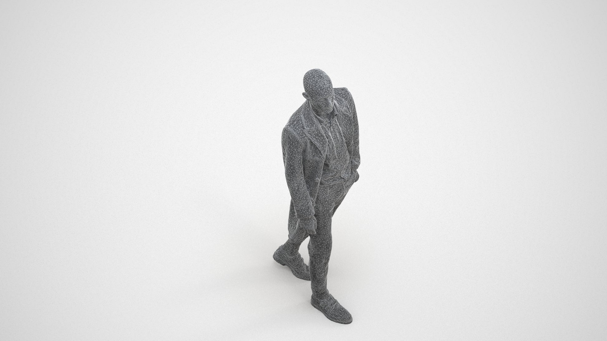 photogrammetry 3D man business walking, realistic human model archviz FBX, wireframe three-quarter view