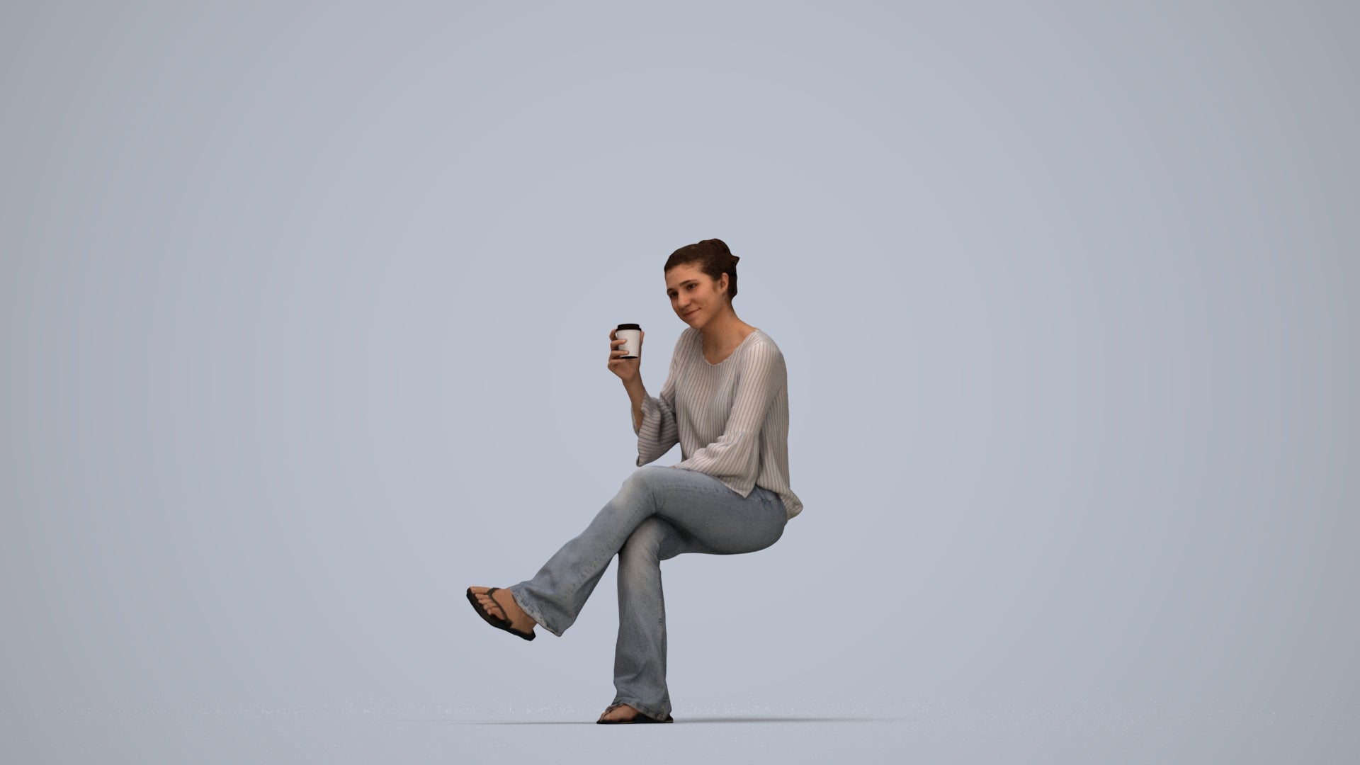 realistic 3D woman casual sitting, scanned archviz people for Blender and 3ds Max, top-down view render