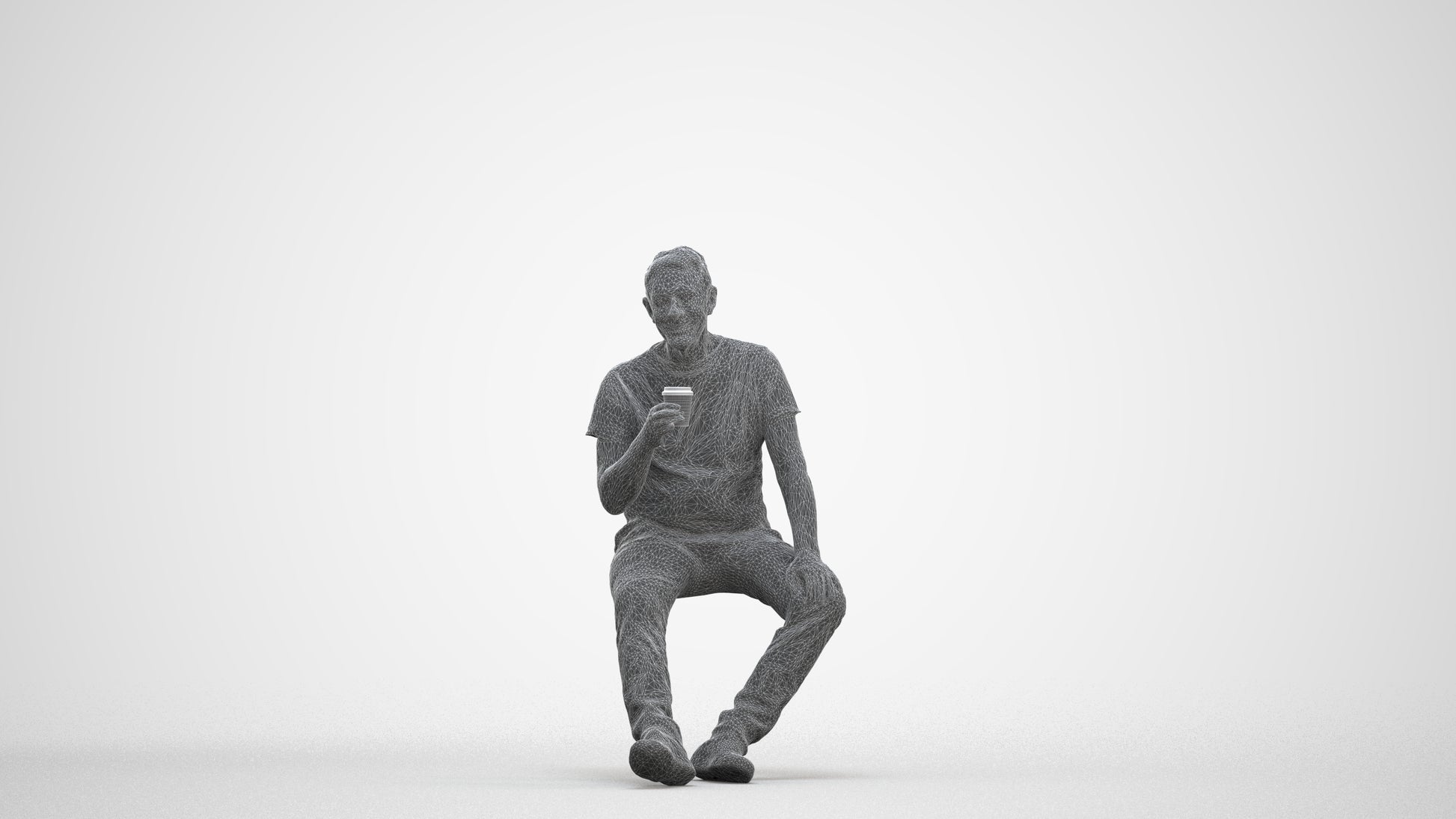 scanned 3D senior man casual sitting, photogrammetry people for Enscape and V-Ray, three-quarter front view render