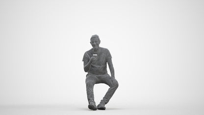 scanned 3D senior man casual sitting, photogrammetry people for Enscape and V-Ray, three-quarter front view render