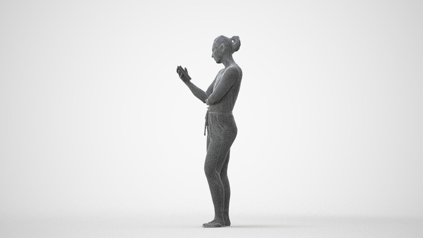 3D human model woman casual standing, photogrammetry scanned person for archviz, square thumbnail