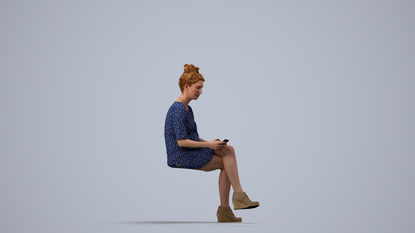 photogrammetry 3D woman casual sitting, realistic human model archviz FBX, side view render