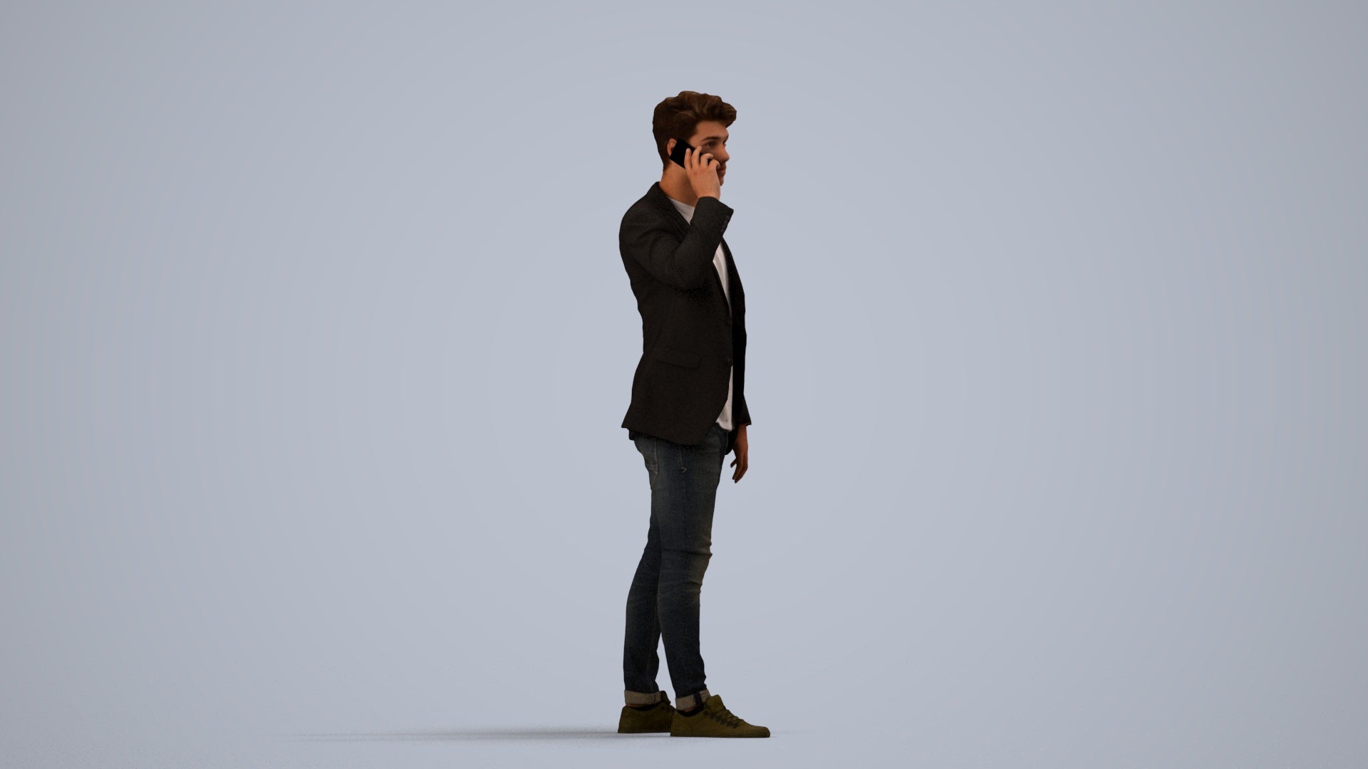 realistic 3D human man casual standing, archviz people FBX OBJ for Blender, side view render