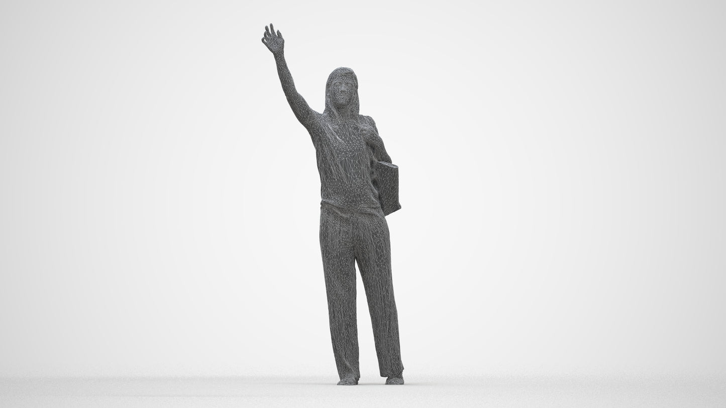 3D scanned woman standing casual, photorealistic archviz people for Enscape and SketchUp, wireframe back view