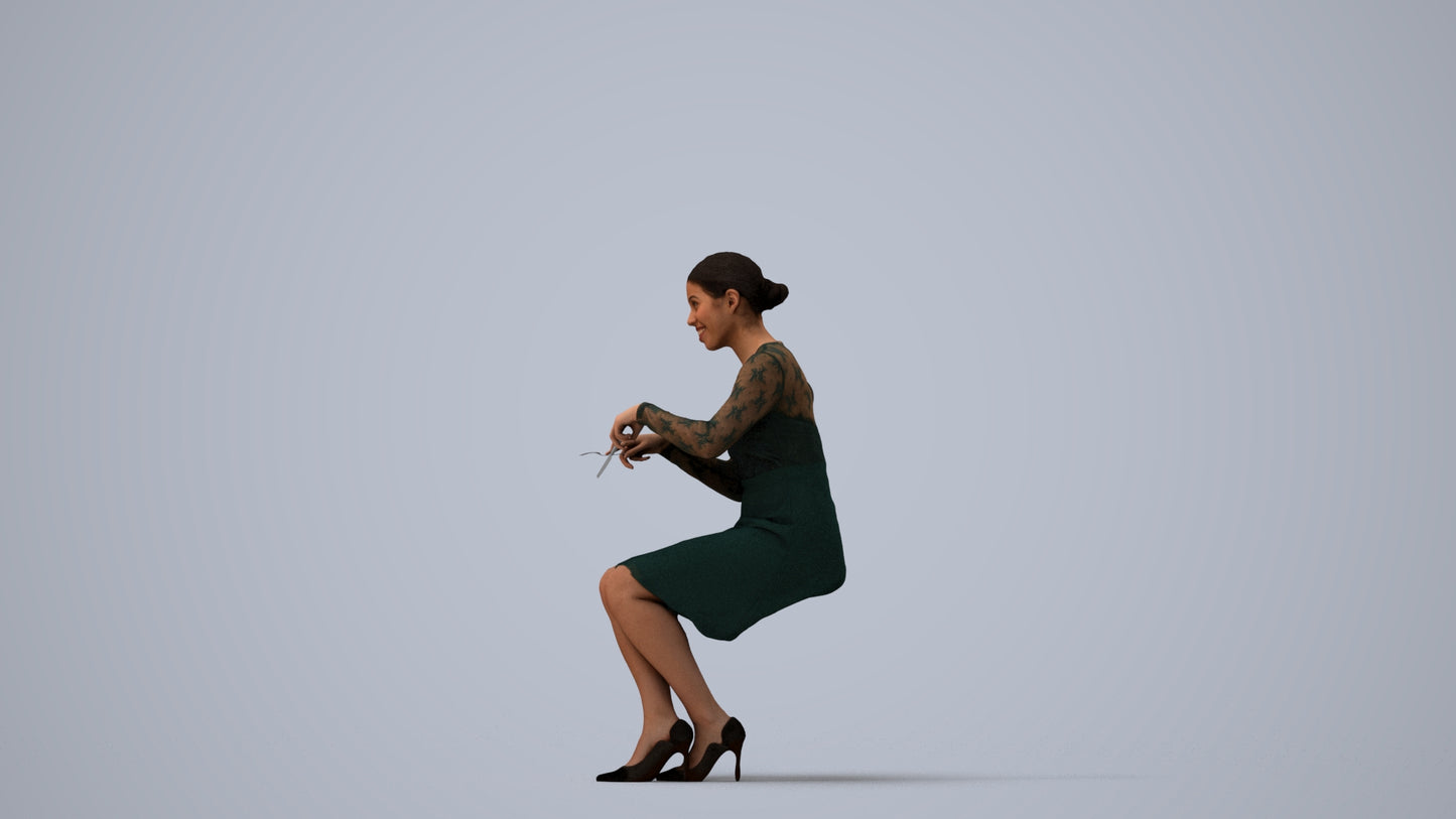 scanned 3D woman casual sitting, photogrammetry people for Enscape and V-Ray, three-quarter view render