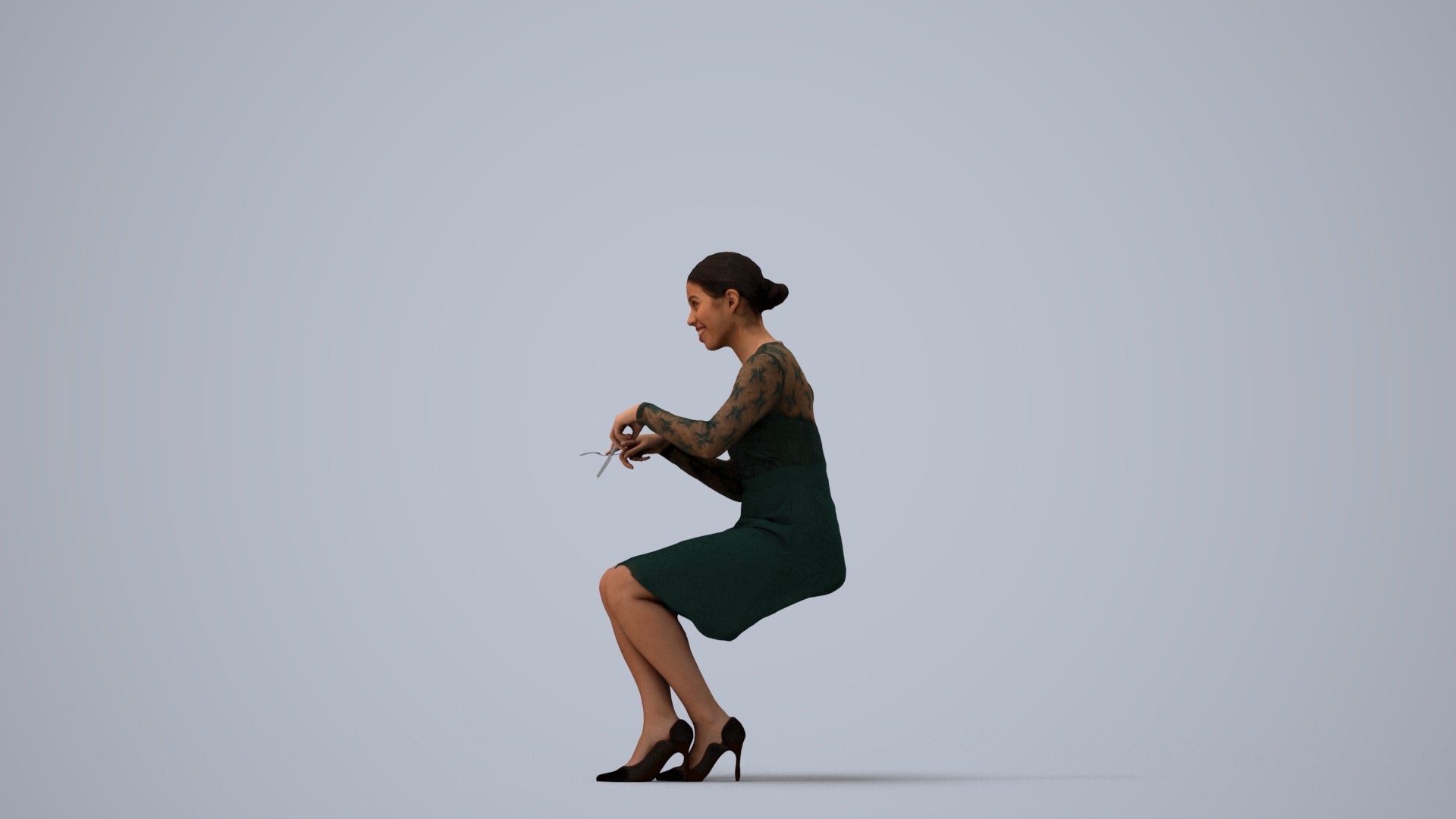 scanned 3D woman casual sitting, photogrammetry people for Enscape and V-Ray, three-quarter view render