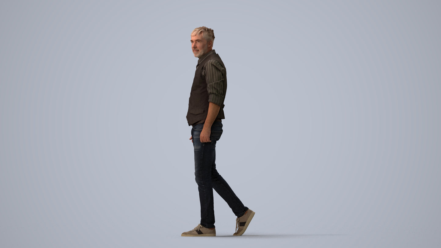 realistic 3D human man casual walking, archviz people FBX OBJ for Blender, three-quarter view render